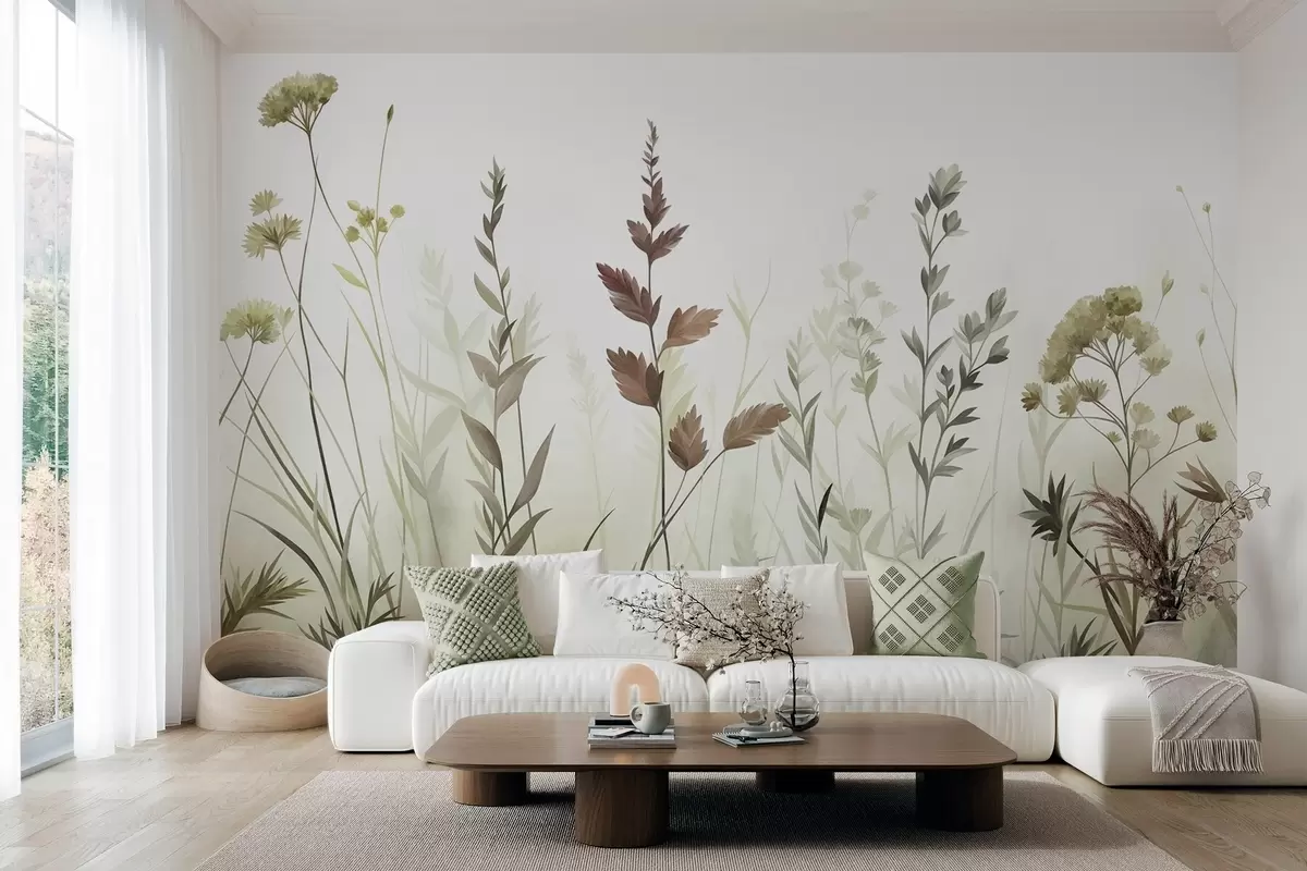 murales de pared Hierbas silvestres altas y flores silvestres en tonos verdes apagados, estética minimalista w10084v1
