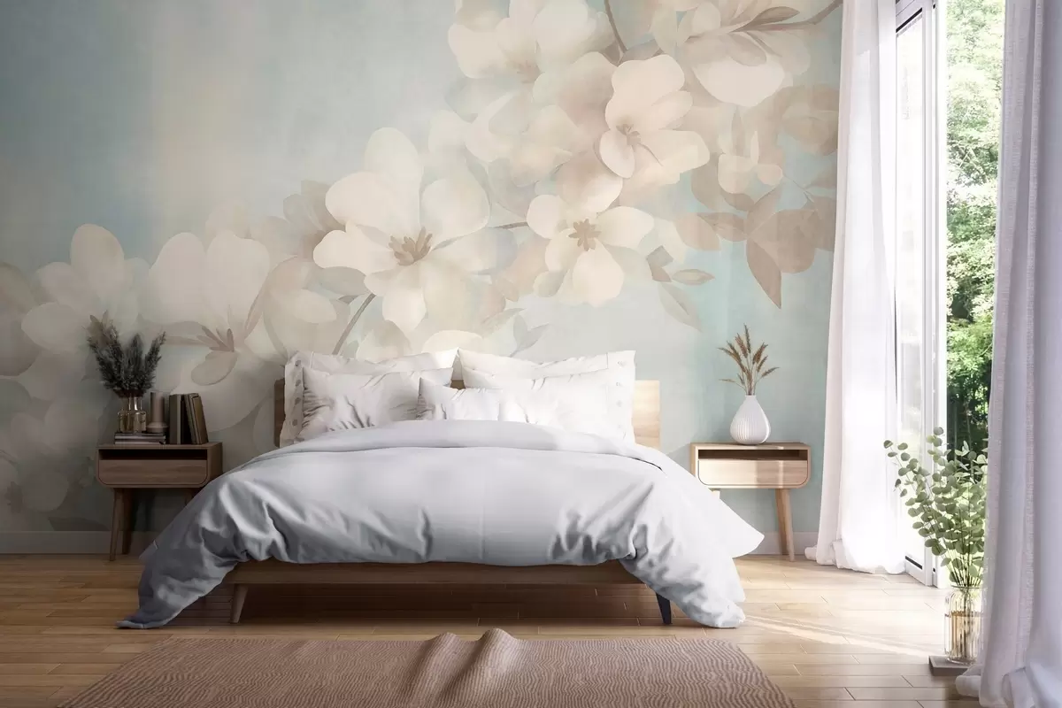 murales de pared Flores blancas en una rama, suaves tonos pastel, fondo azul claro con textura w10107