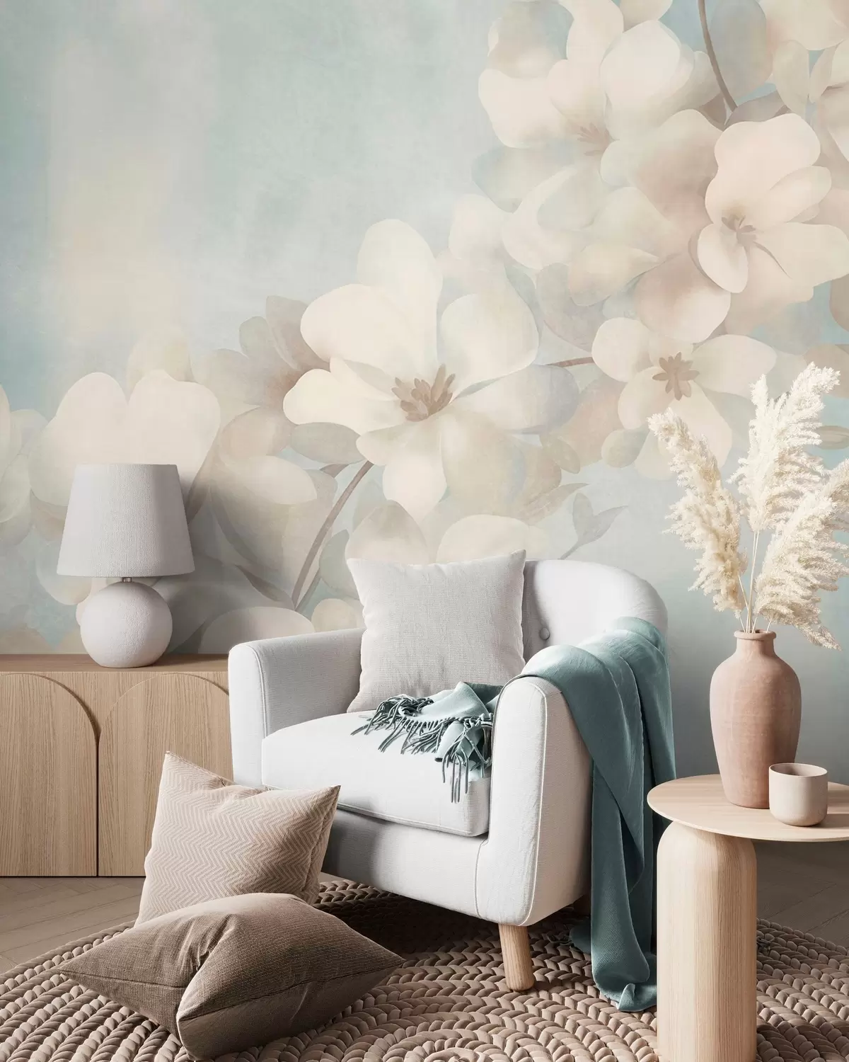 murales de pared Flores blancas en una rama, suaves tonos pastel, fondo azul claro con textura w10107