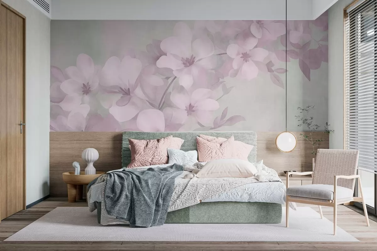murales de pared Flores blancas en una rama, suaves tonos pastel, fondo verde claro con textura w10107v1