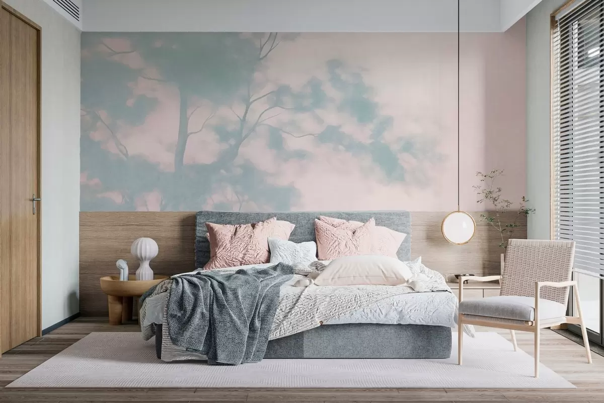 murales de pared Árbol con textura y ramas, fondo rosa pálido y turquesa, arte minimalista w10108v1
