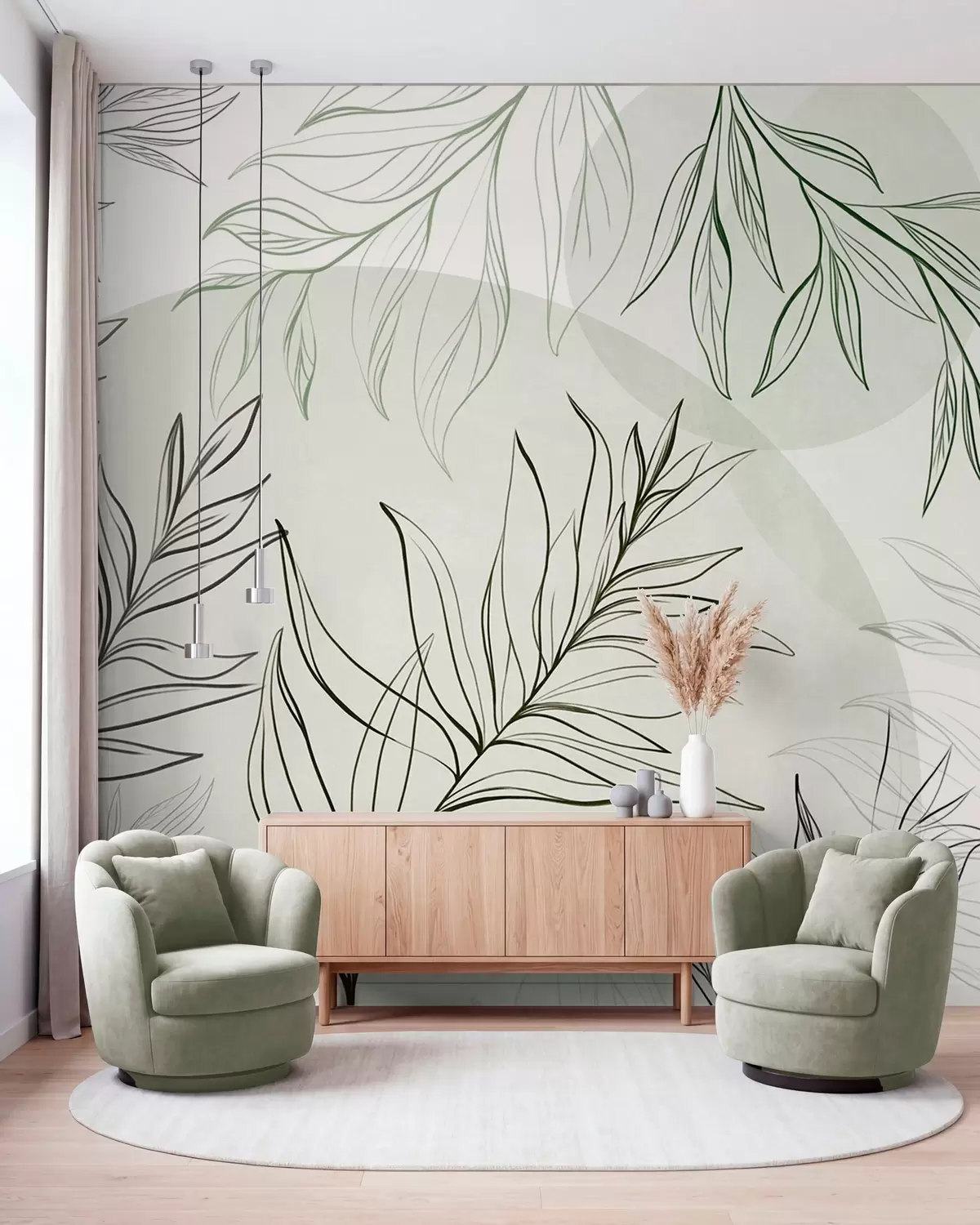 murales de pared Dibujo minimalista de hojas y follaje tropicales, con formas circulares en tonos pastel w10111v2