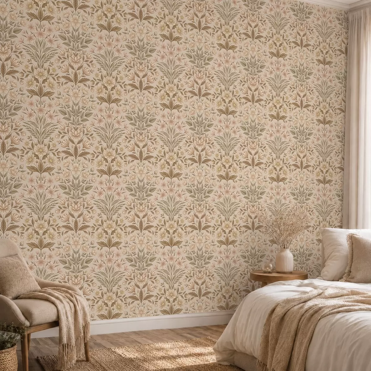 Papel pintado Flores de melocotonero y hojas de color verde oliva sobre un fondo beige a01279v1