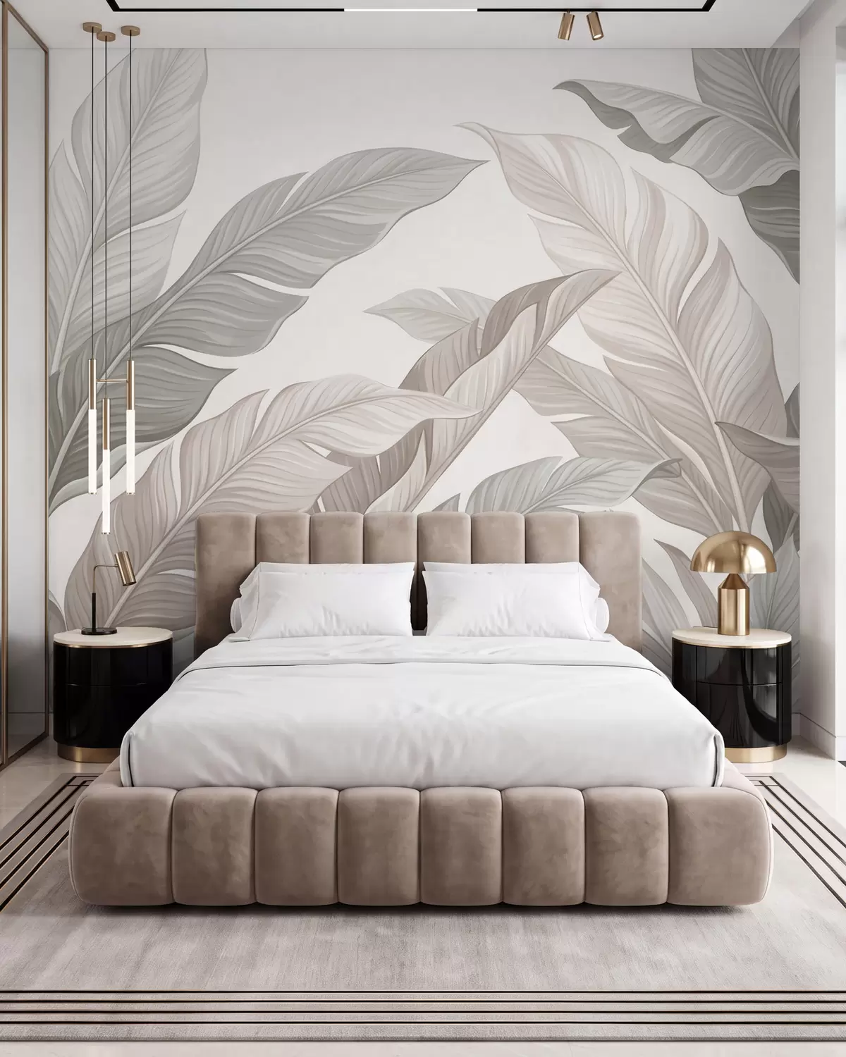 murales de pared Delicadas hojas botánicas en tonos beige natural y verde salvia w10089