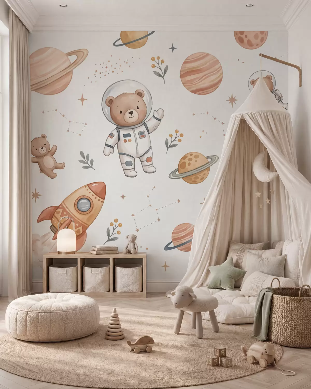 murales de pared Simpáticos ositos de peluche astronautas entre planetas, cohetes y estrellas, en un suave estilo de acuarela en tonos pastel w10096
