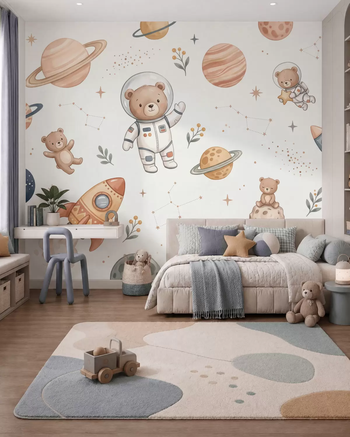 murales de pared Simpáticos ositos de peluche astronautas entre planetas, cohetes y estrellas, en un suave estilo de acuarela en tonos pastel w10096