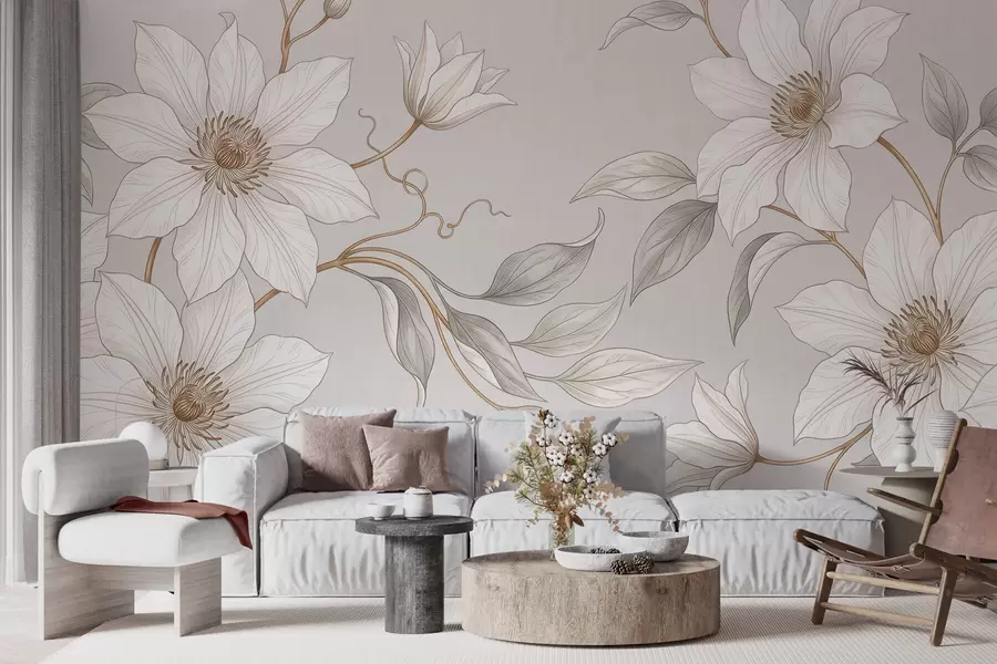 murales de pared Elegantes flores botánicas blancas con delicadas ramas w10099