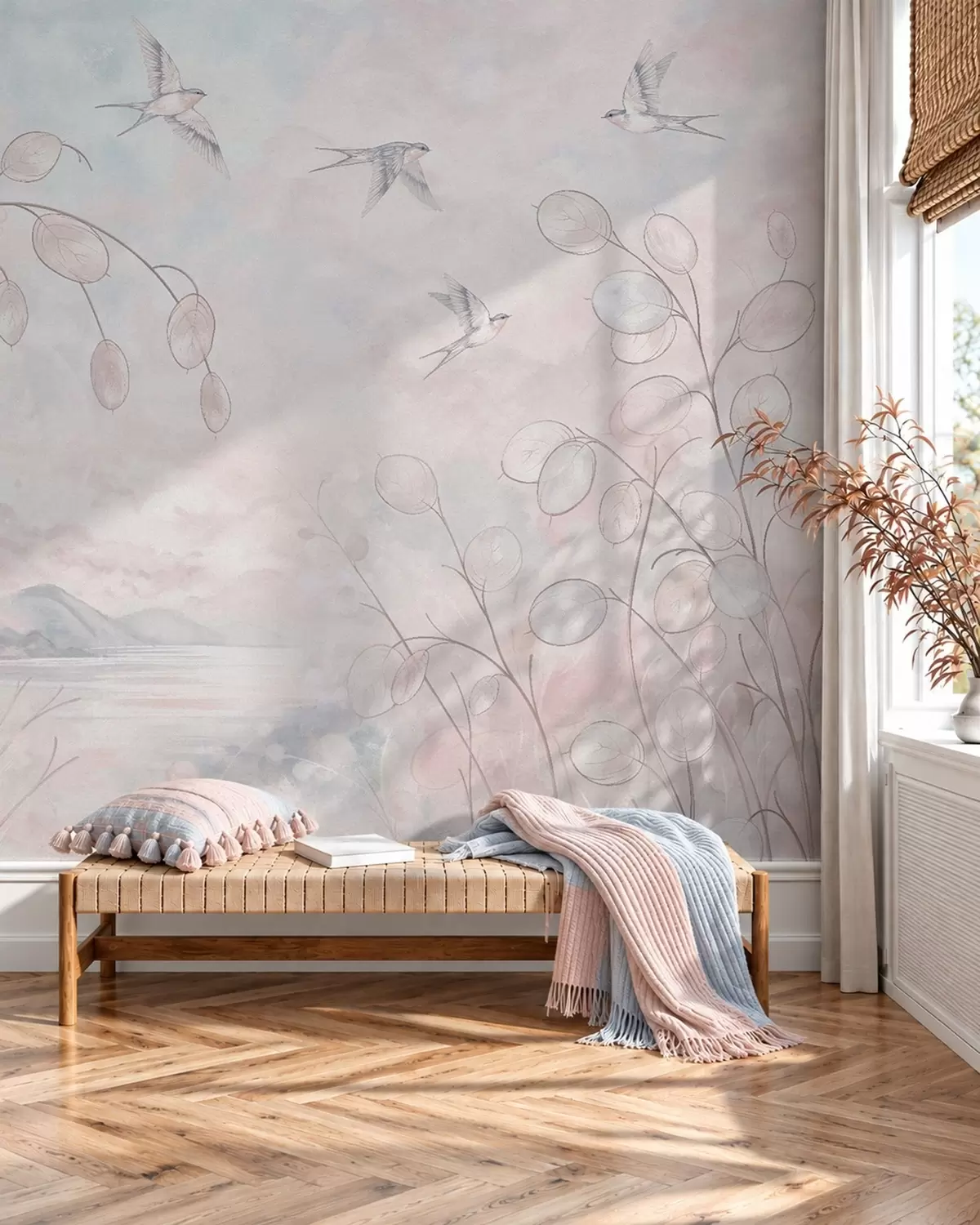 murales de pared Golondrinas y plantas delicadas en tonos pastel w05892v1