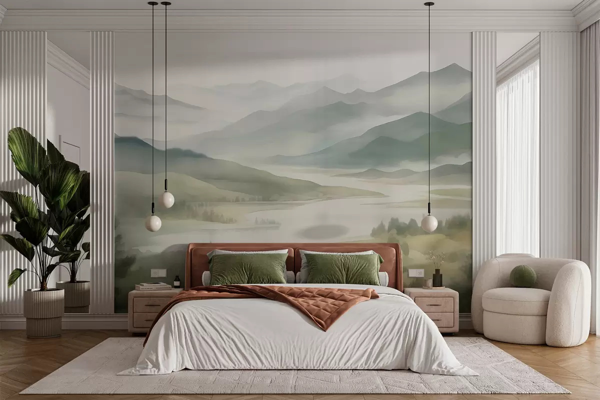 murales de pared Montañas con un lago de fondo w05833