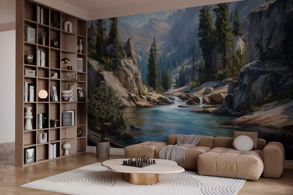 murales de pared Una vista pintoresca del río, en medio de las tranquilas montañas w05868