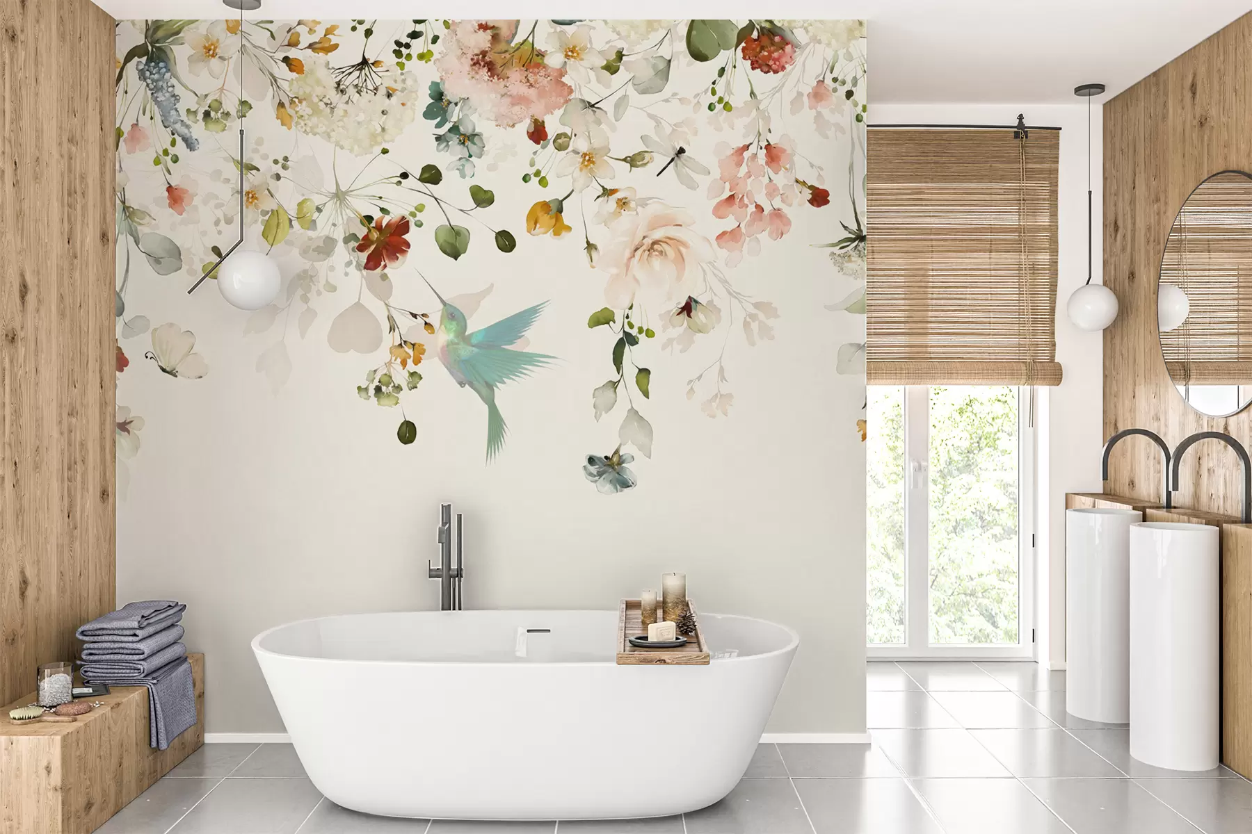 murales de pared Flores y colibríes u59610