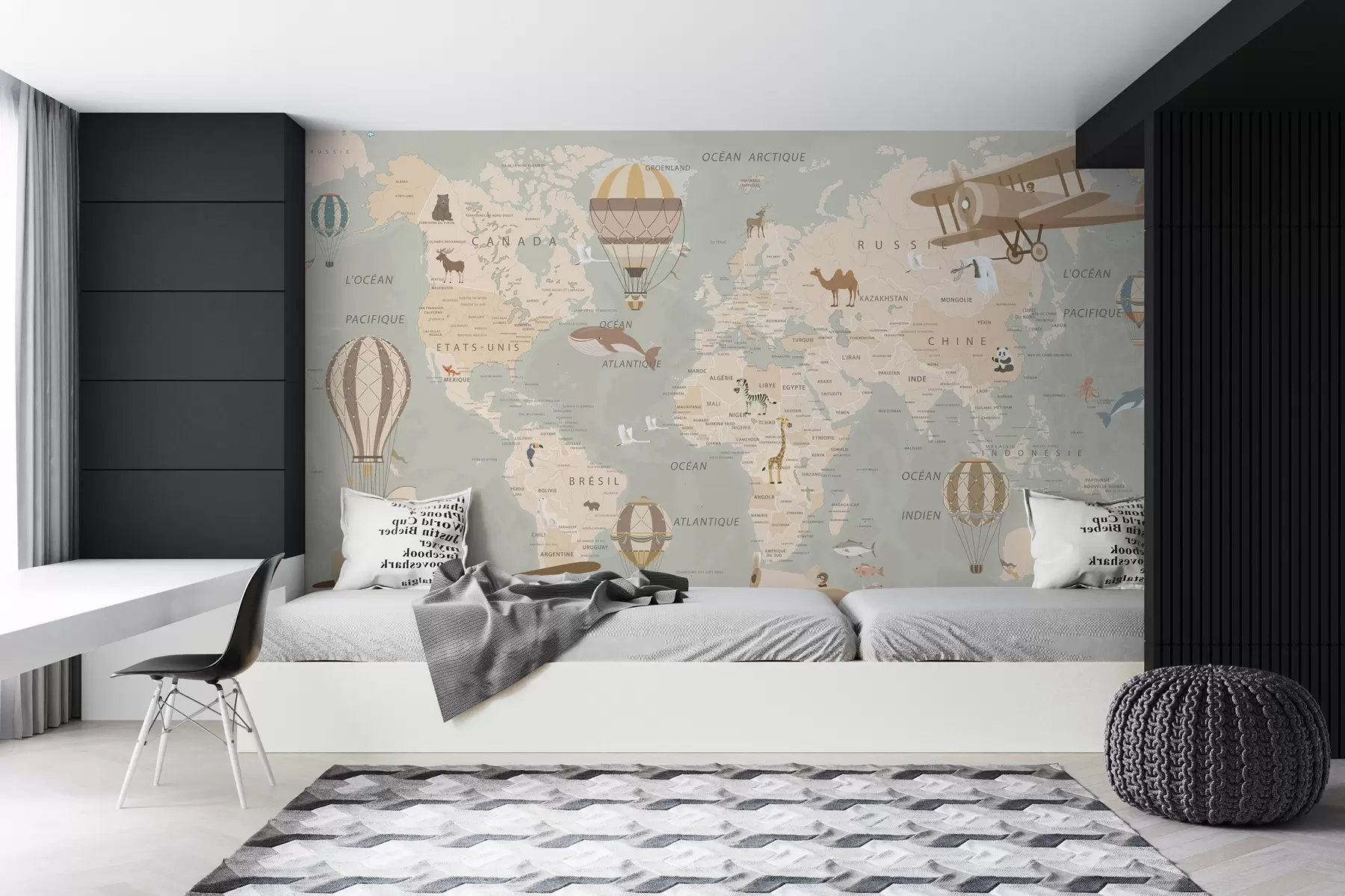 murales de pared Mapa infantil del mundo, aviones y globos u79995
