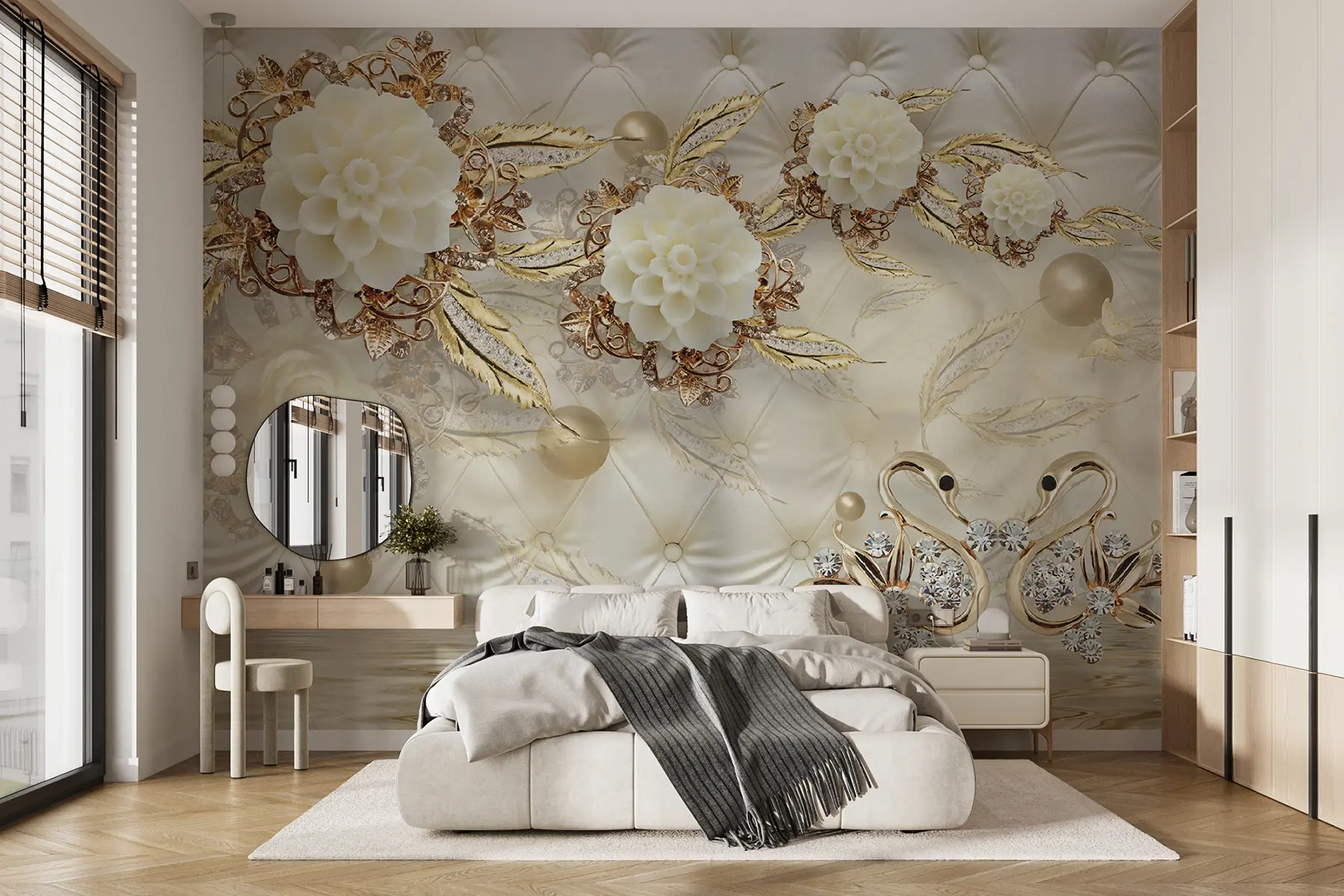 murales de pared Rama con flores y cisnes u12847