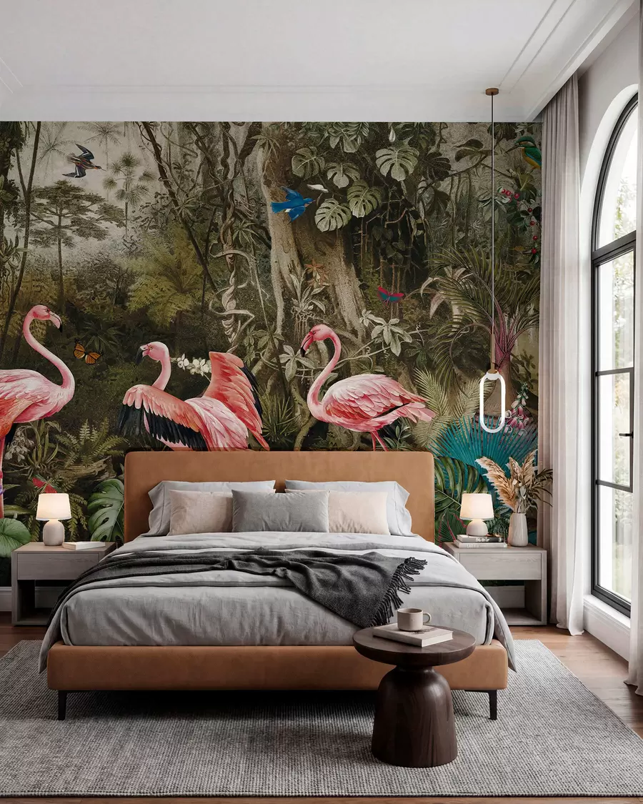 murales de pared Pájaros tropicales y flamencos en la jungla u73568