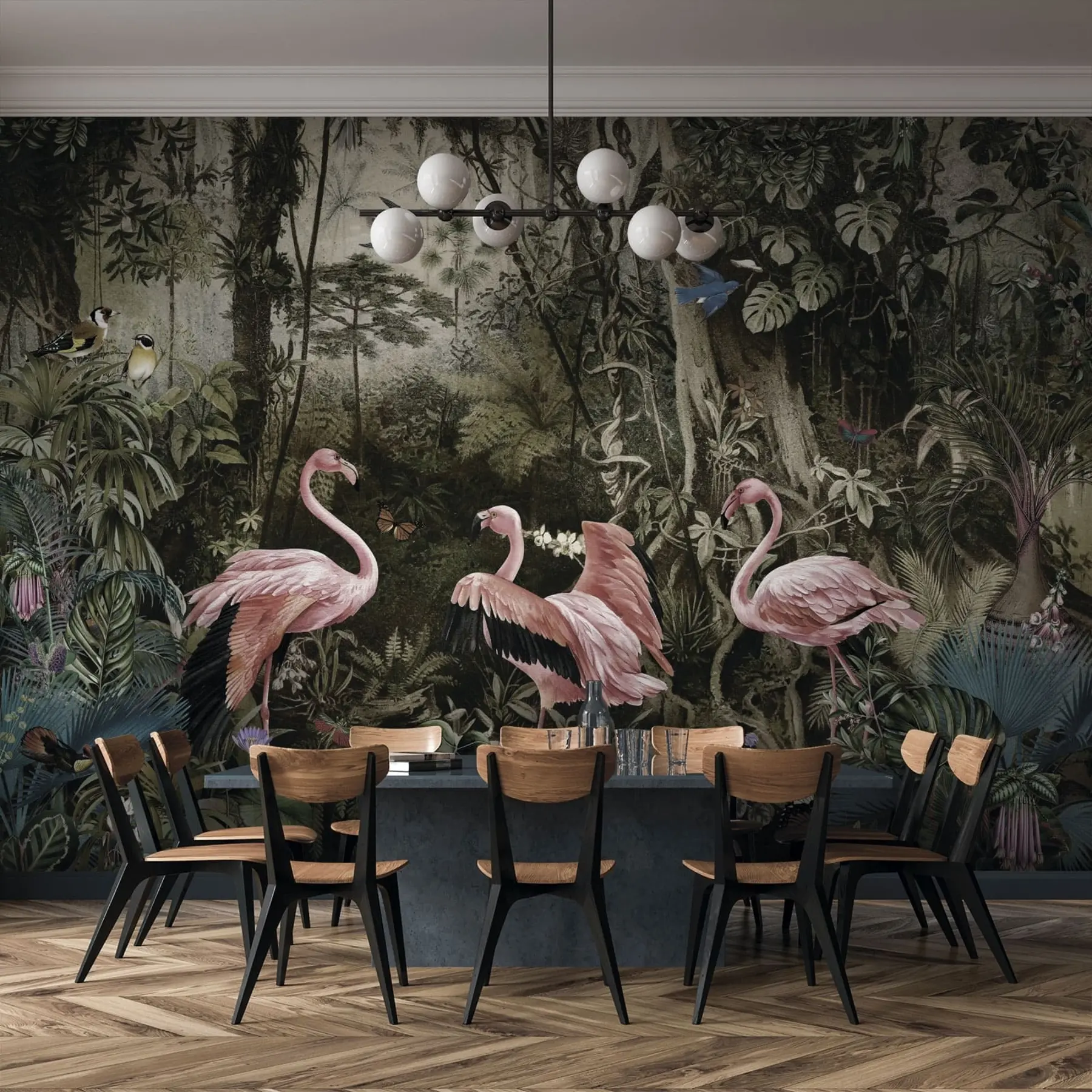 murales de pared Pájaros tropicales y flamencos en la jungla u73568
