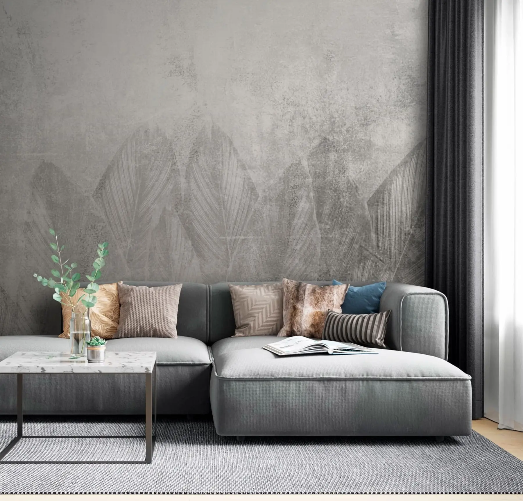 murales de pared Hojas de palma de decoración moderna sobre un fondo de concreto u73876