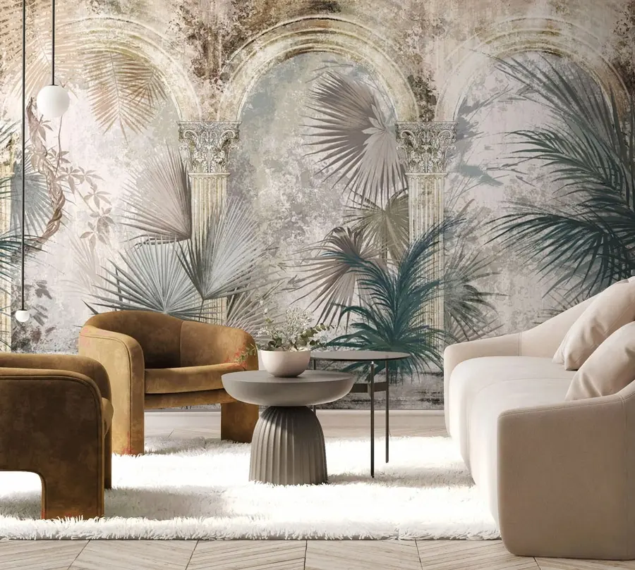 murales de pared Entre las columnas se encuentran plantas y hojas tropicales y exóticas u78667