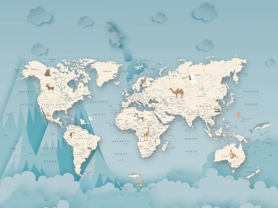 murales de pared Mapa mundial en el fondo de las montañas u79831