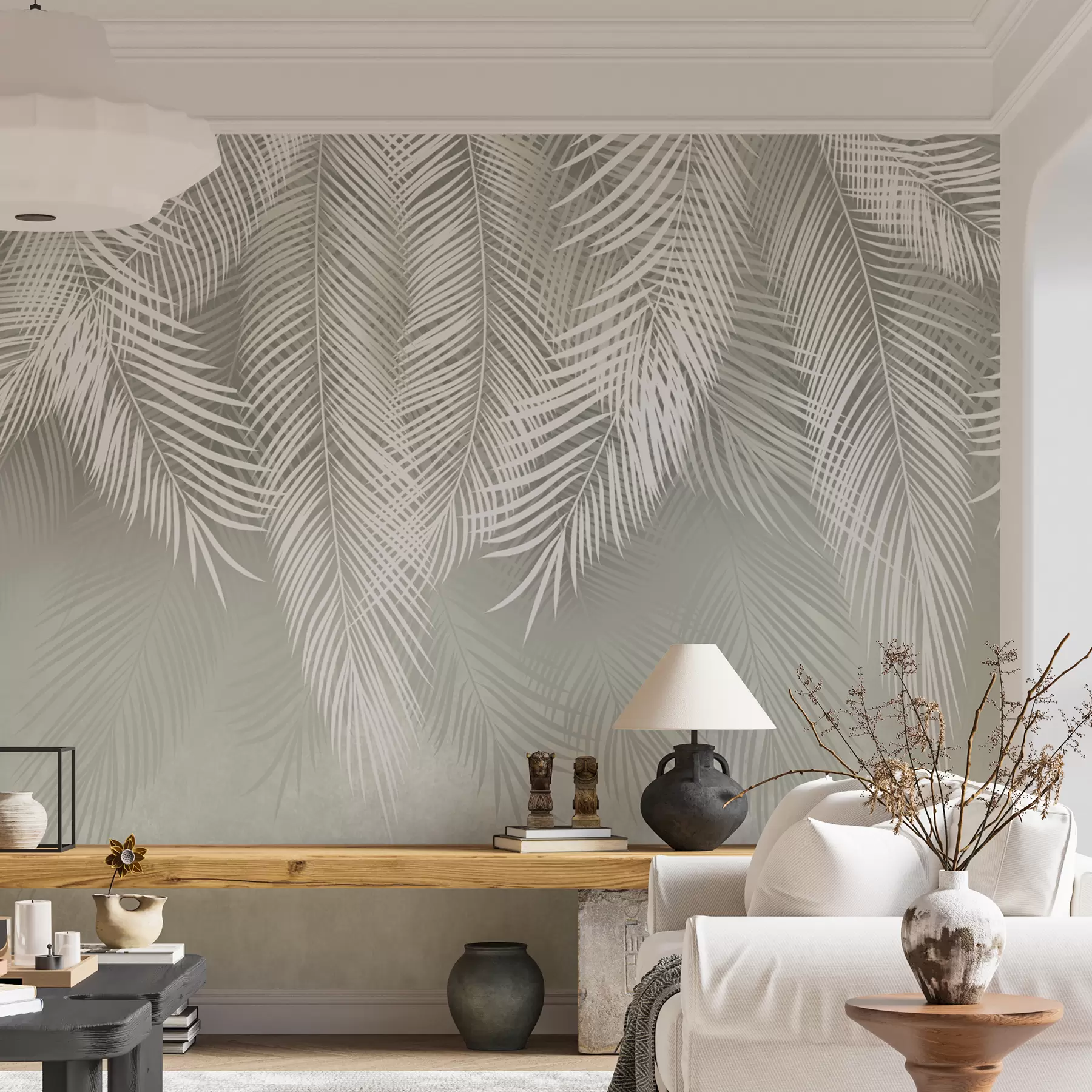 murales de pared Palmas blancas de ramas sobre un fondo verde u74489