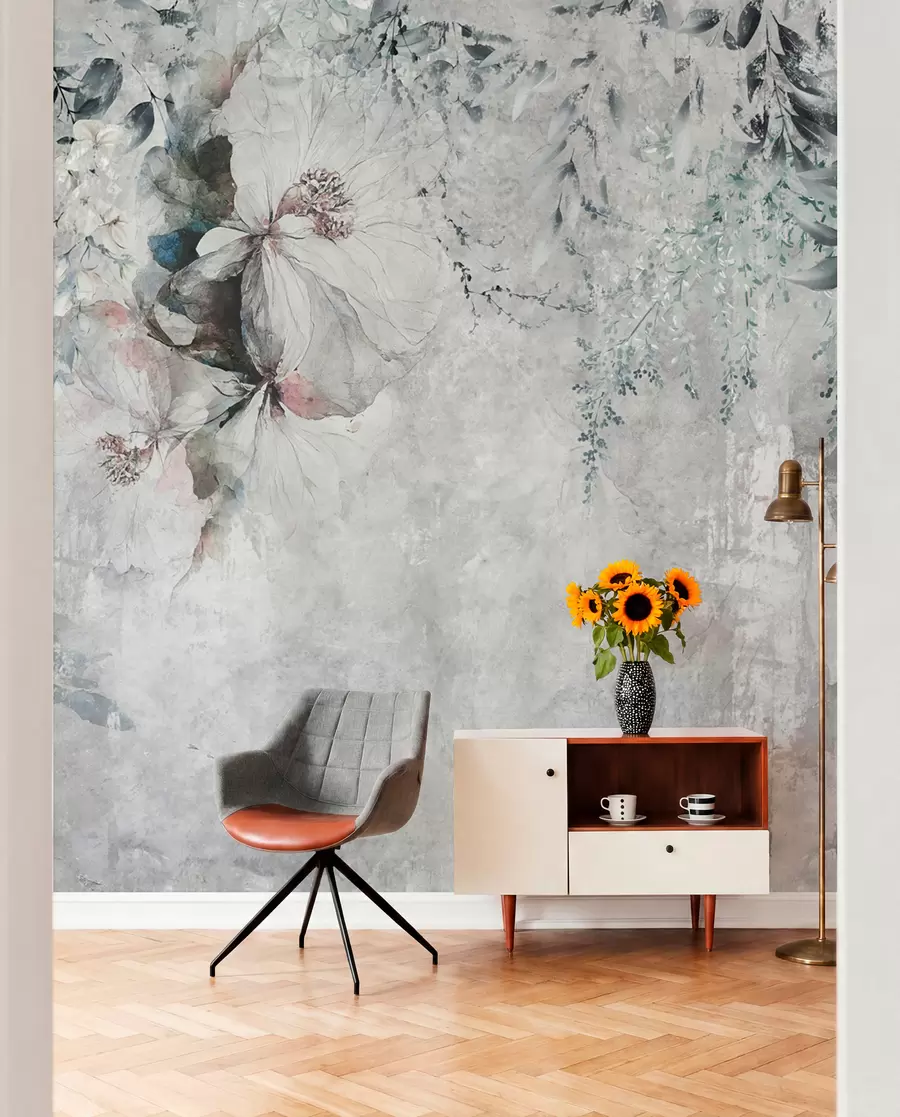 murales de pared Estilo grunge con ramas y capullos blancos u74746