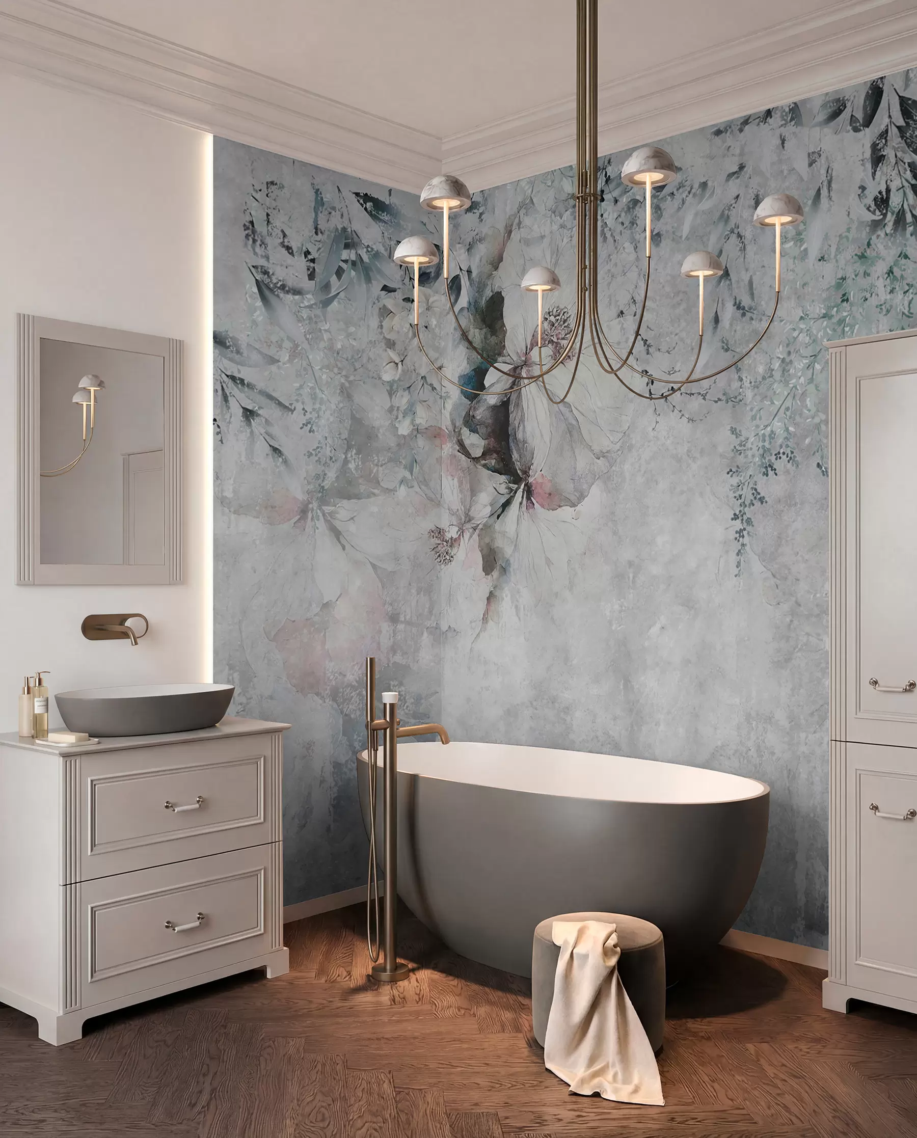 murales de pared Estilo grunge con ramas y capullos blancos u74746