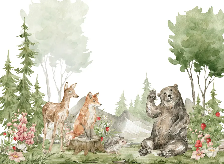 murales de pared Composición de acuarela con animales de bosque y elementos de la naturaleza u78735