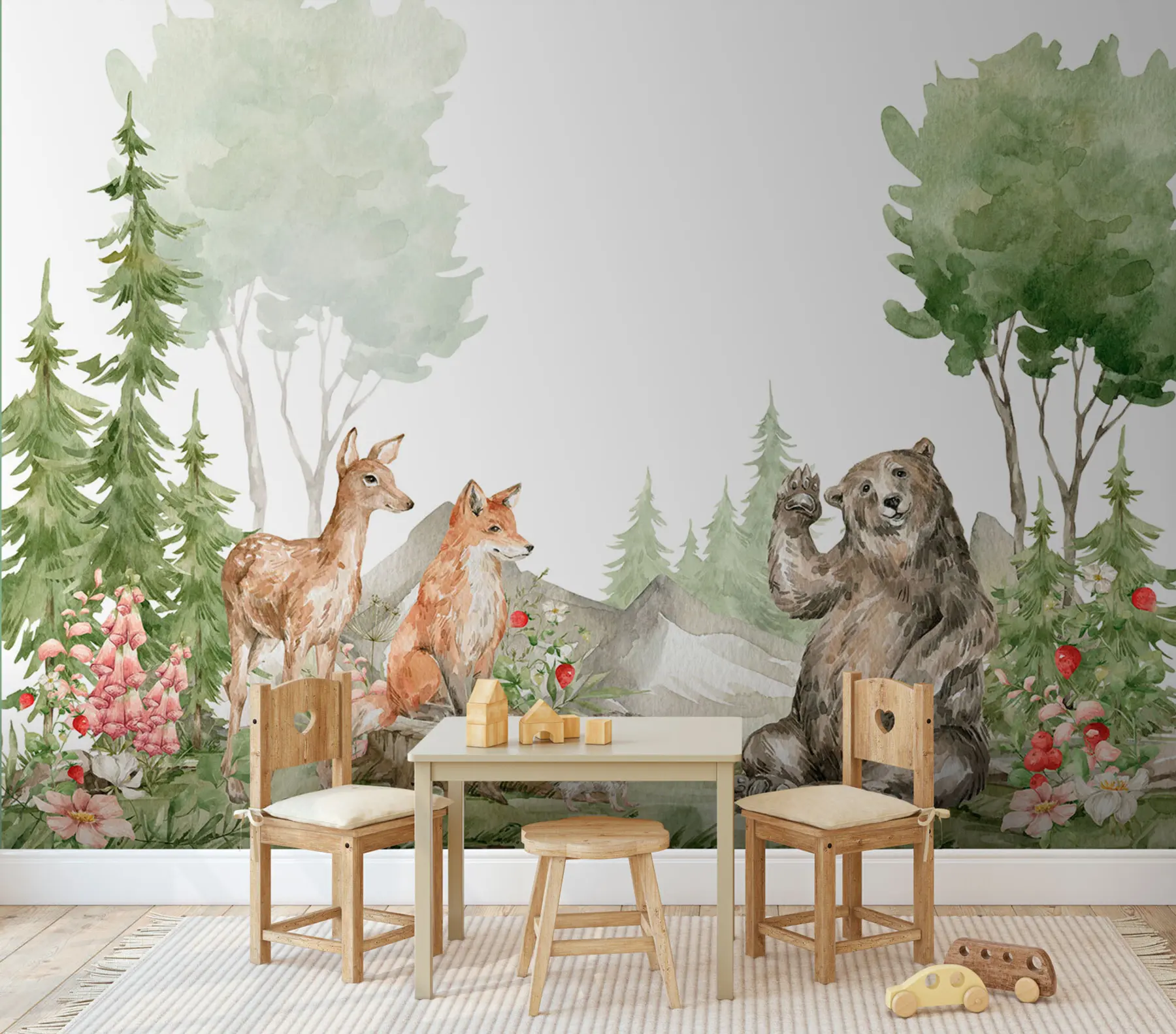 murales de pared Composición de acuarela con animales de bosque y elementos de la naturaleza u78735