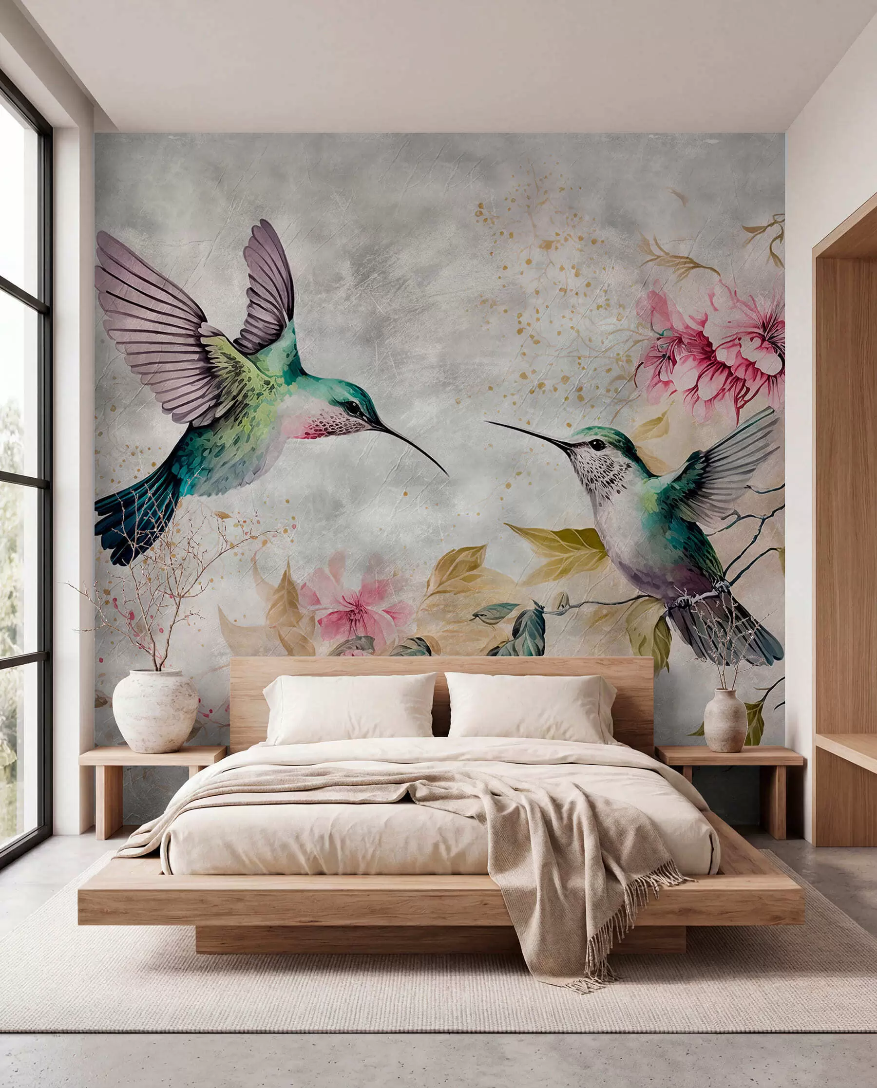 murales de pared Colibríes de acuarela en una rama u93994