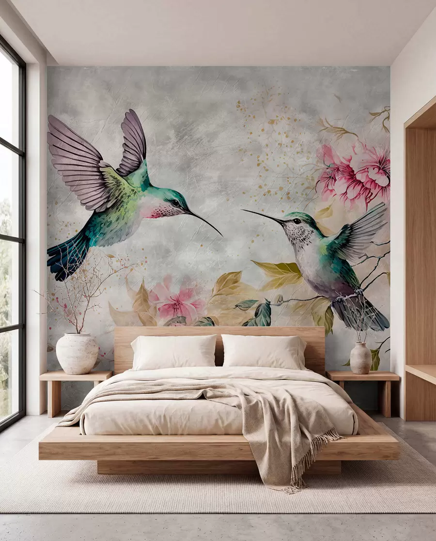 murales de pared Colibríes de acuarela en una rama u93994