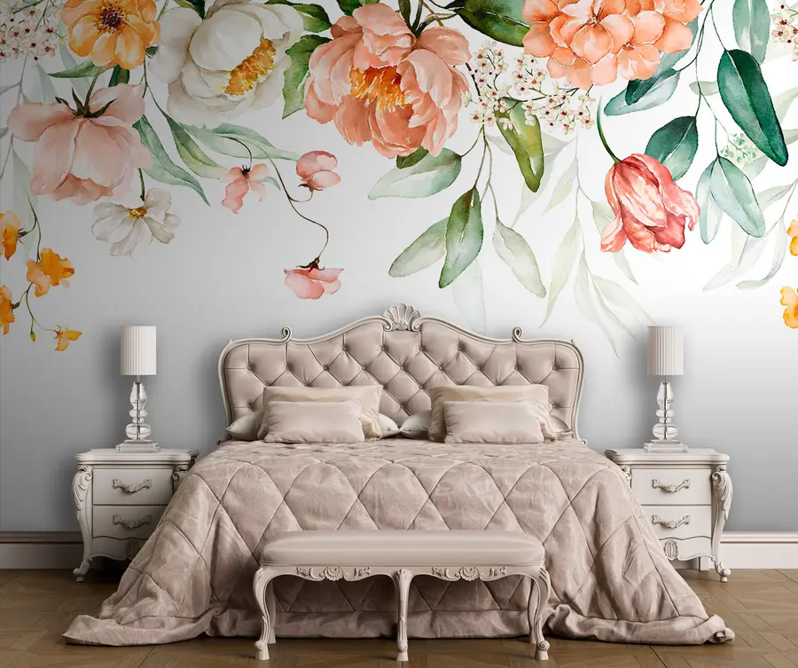murales de pared Borde de ramo - hojas verdes y flores de color rosa rubor sobre fondo blanco u94427