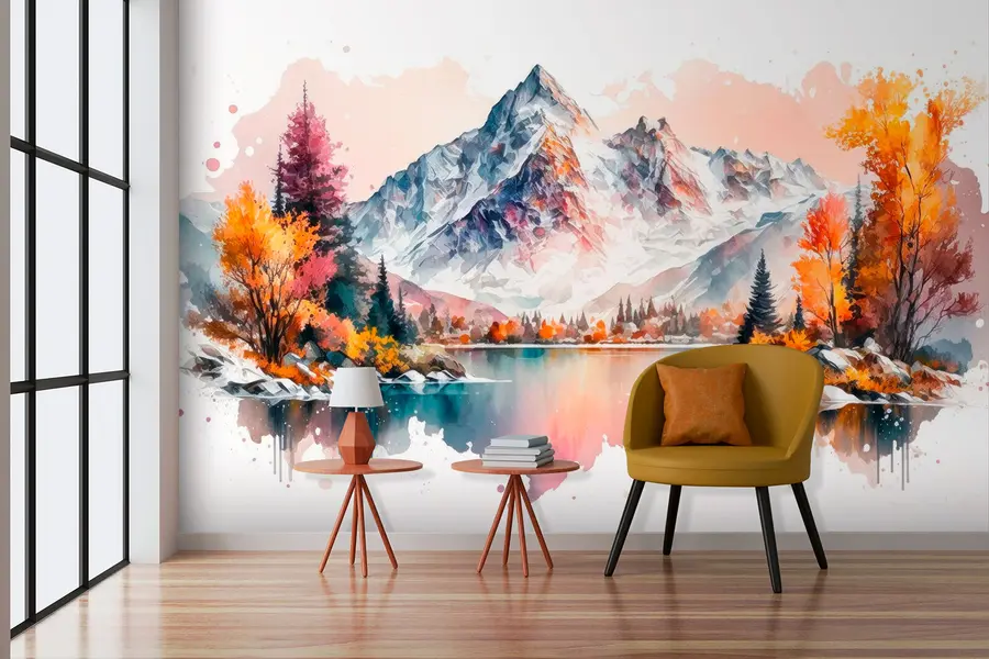 murales de pared Paisaje otoñal de montaña acuarela con nieve en los picos u94782