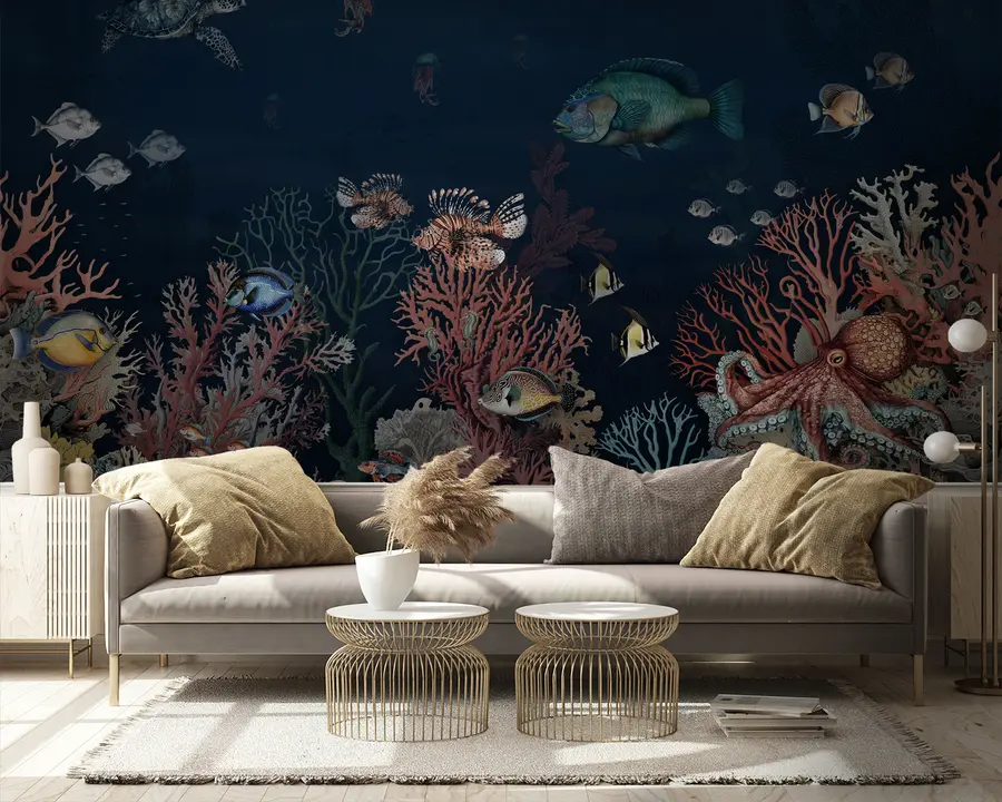 murales de pared Arrecifes de coral y peces en las profundidades de la bahía u94467