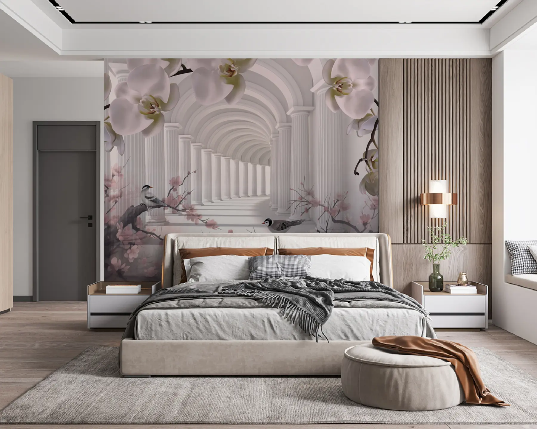 murales de pared Hermoso túnel con pájaros y orquídeas u94513