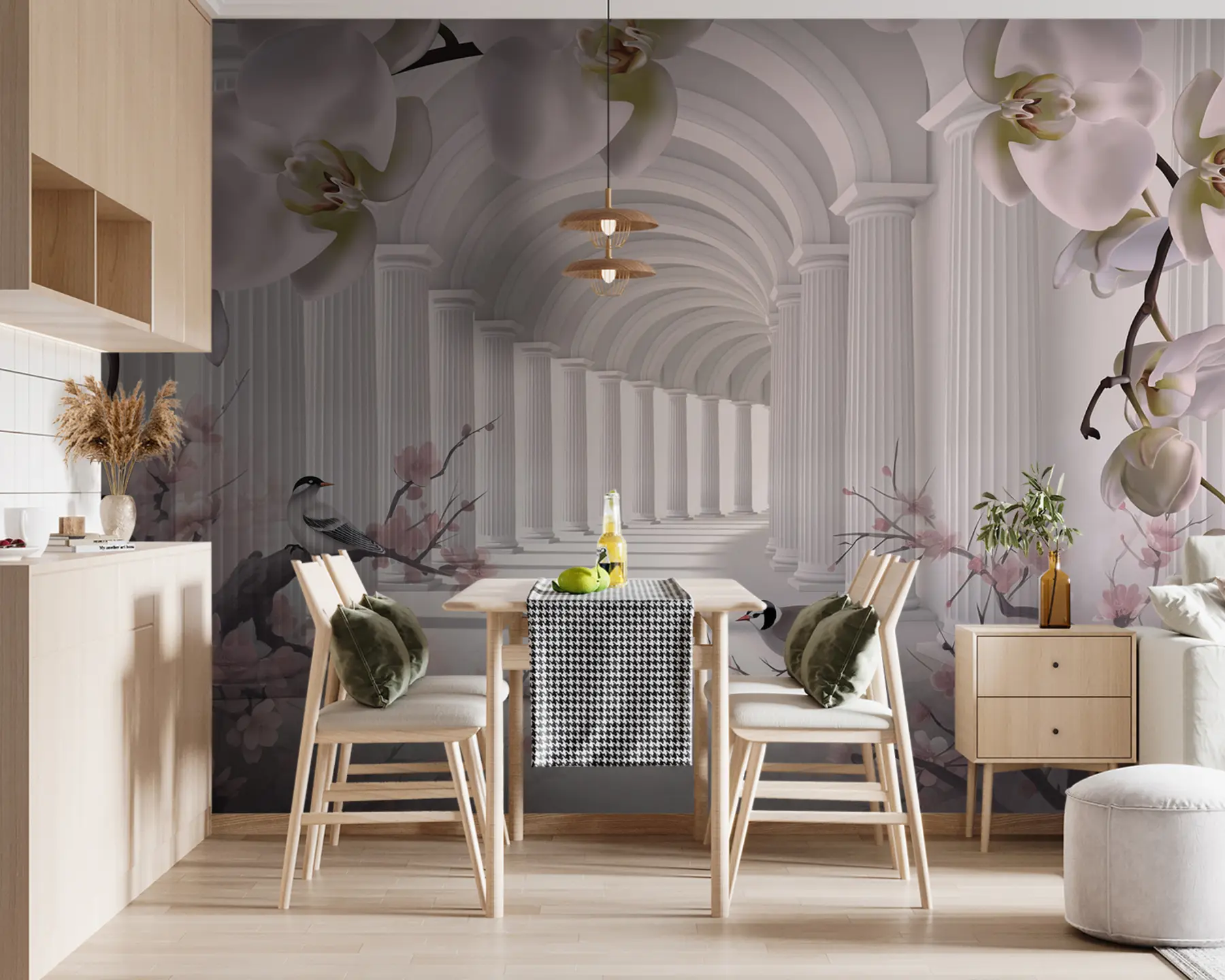 murales de pared Hermoso túnel con pájaros y orquídeas u94513