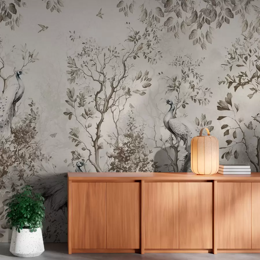 murales de pared Un jardín con pájaros frágiles, pavos reales u94850
