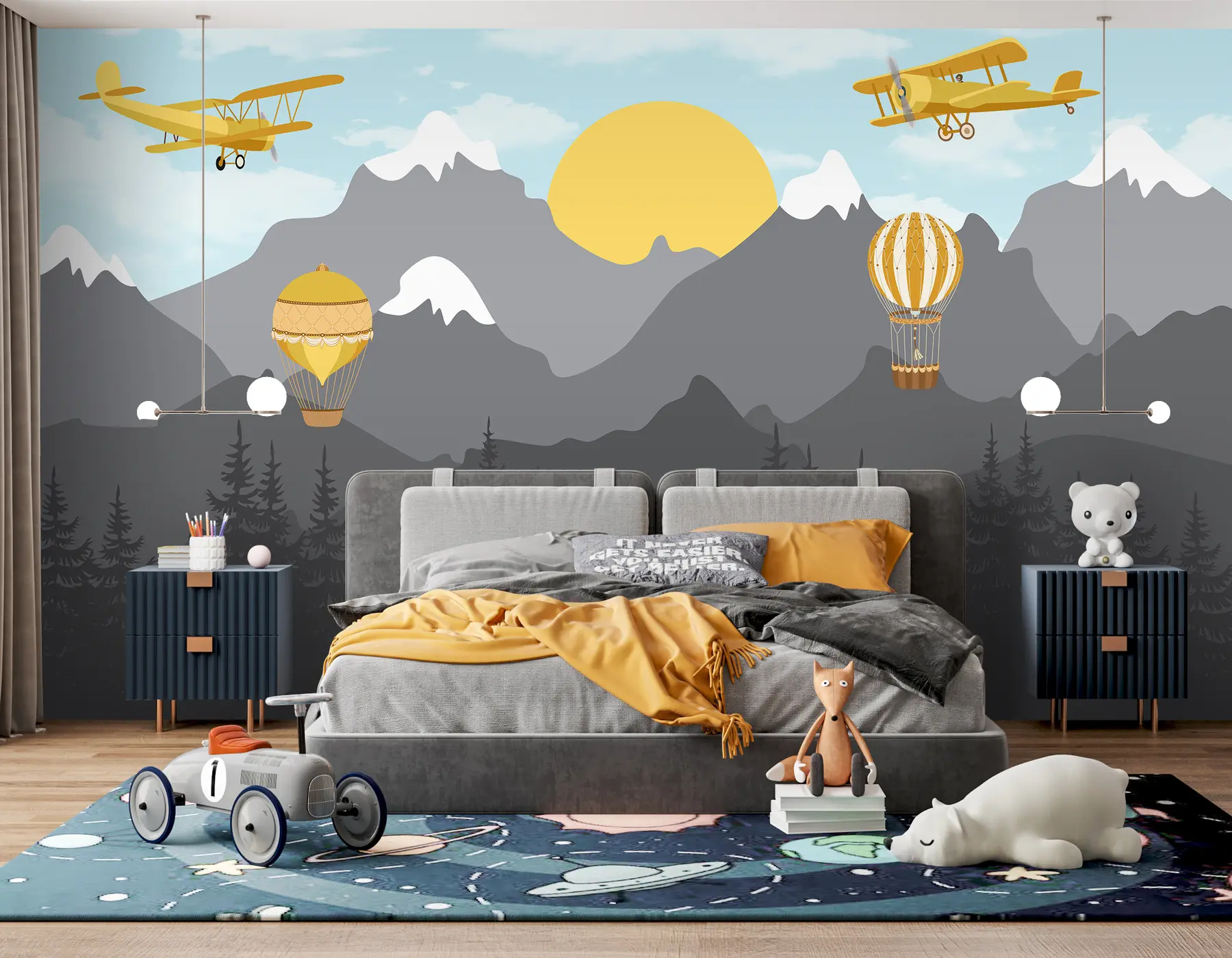 murales de pared Montañas, bosques y aviones en el cielo u94821