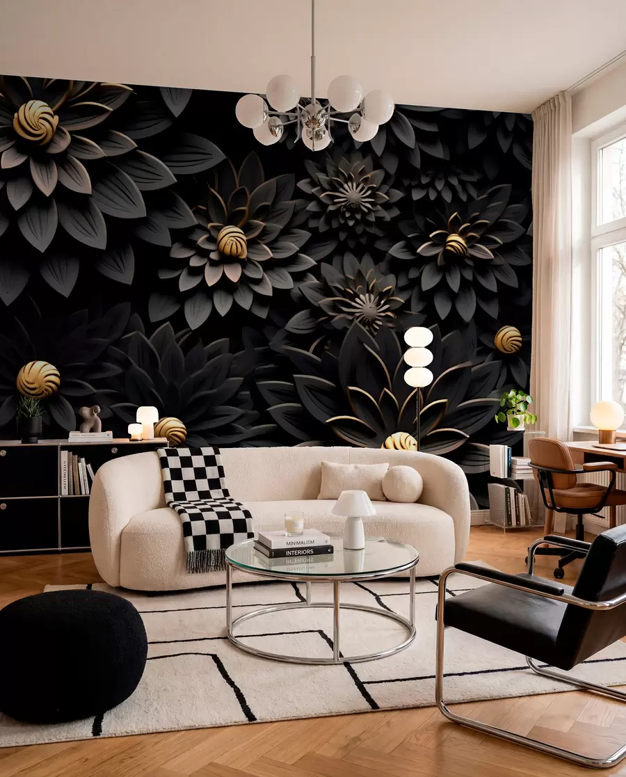 murales de pared Flores negras con efecto 3D u95249