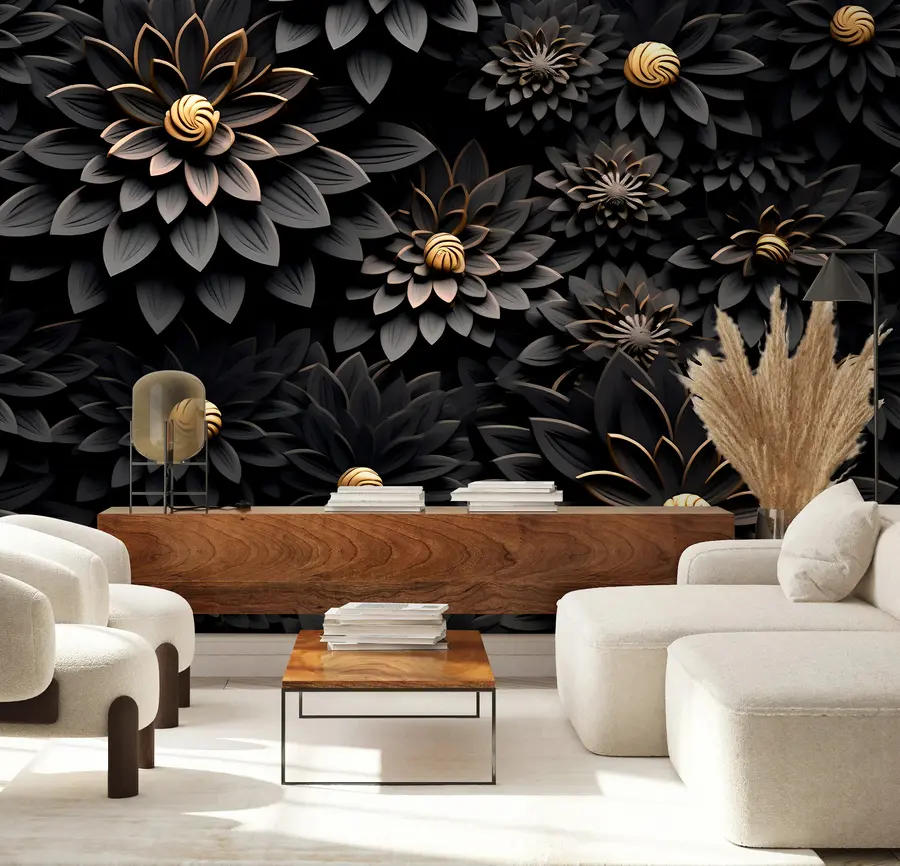 murales de pared Flores negras con efecto 3D u95249