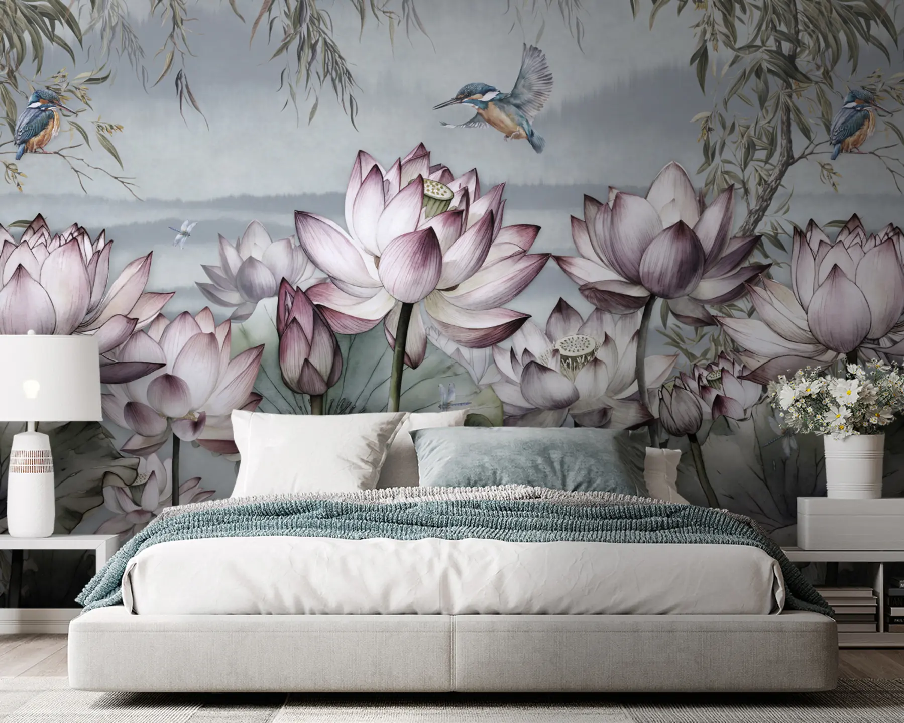 murales de pared Flor de loto del paisaje con martín pescador u95397