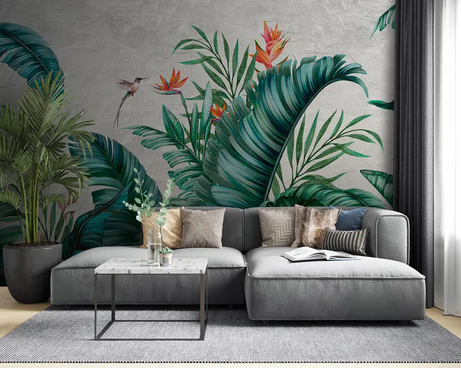 murales de pared Plantas y pájaros exóticos, selva y naturaleza salvaje u95153