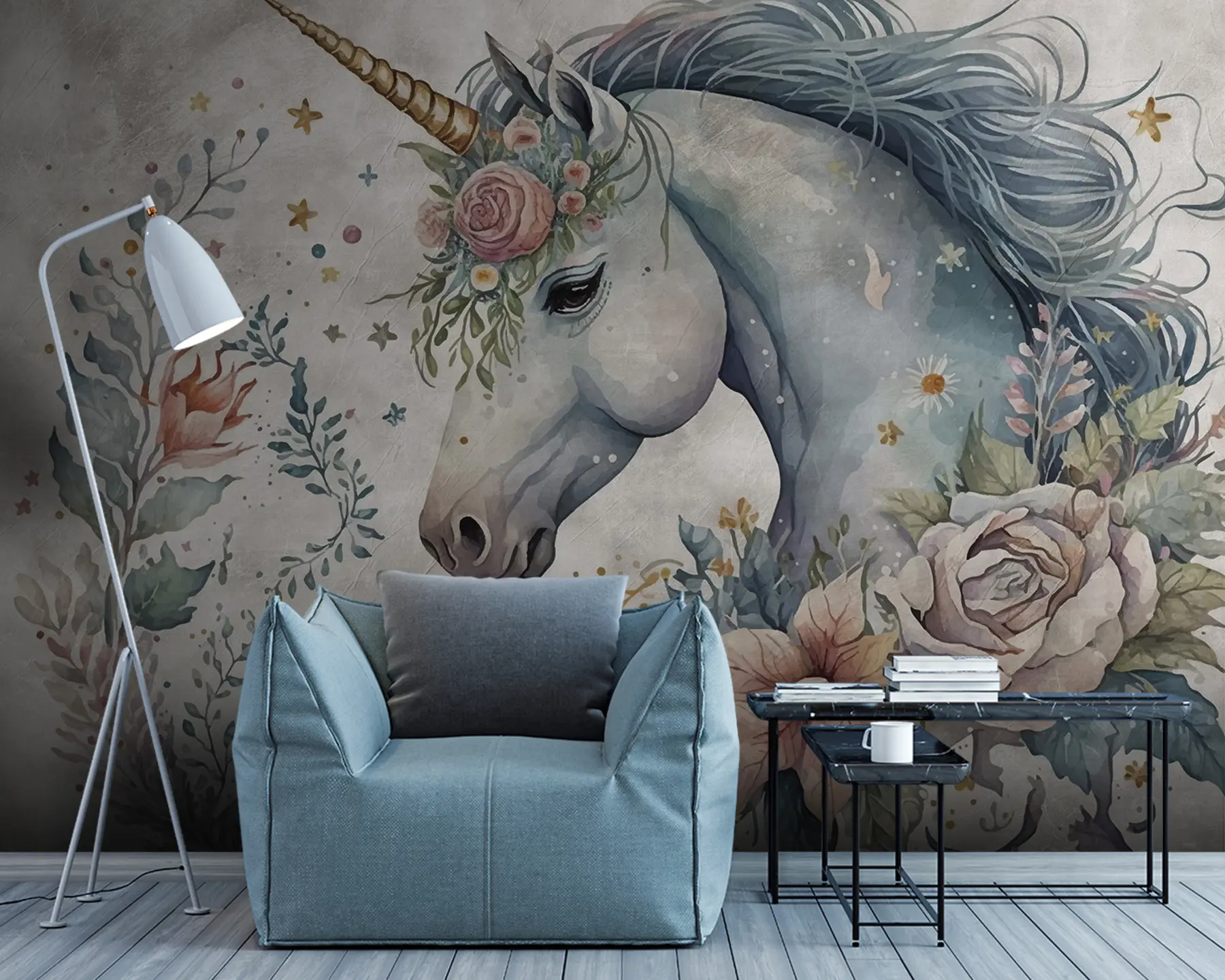 murales de pared Unicornio en flores u95404