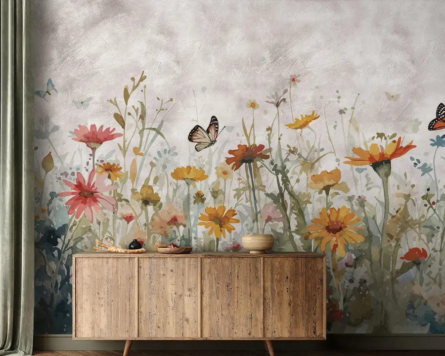 murales de pared Acuarela flores silvestres y mariposas u95406