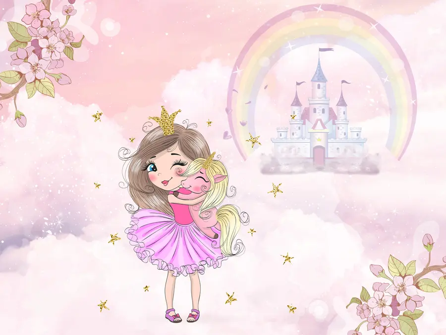 murales de pared Princesa y unicornio en el fondo del castillo con un arco iris u95401