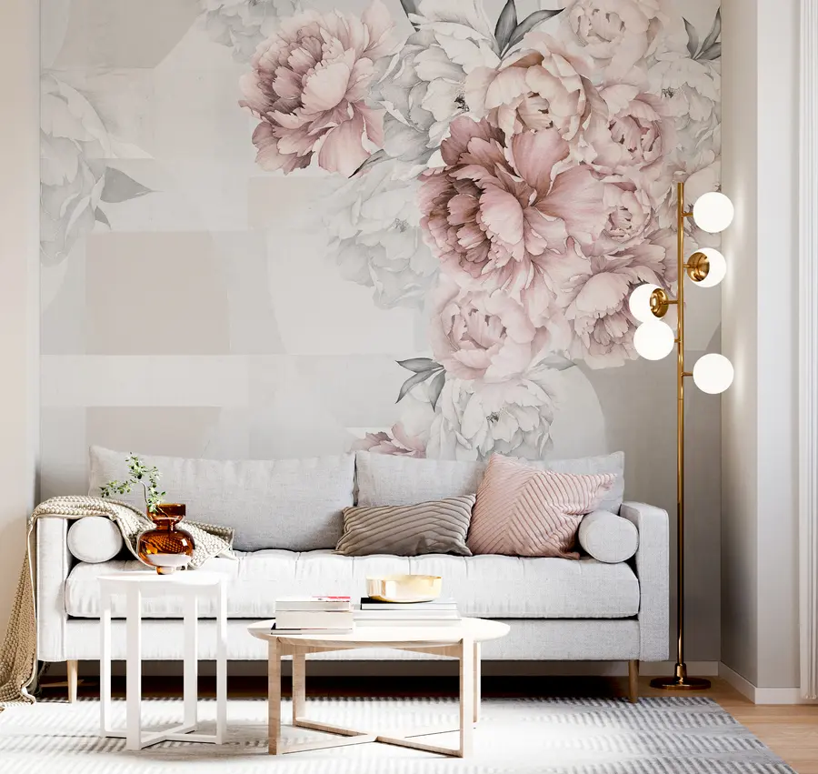 murales de pared Peonías de acuarela en color rosa con fondo geométrico u95855