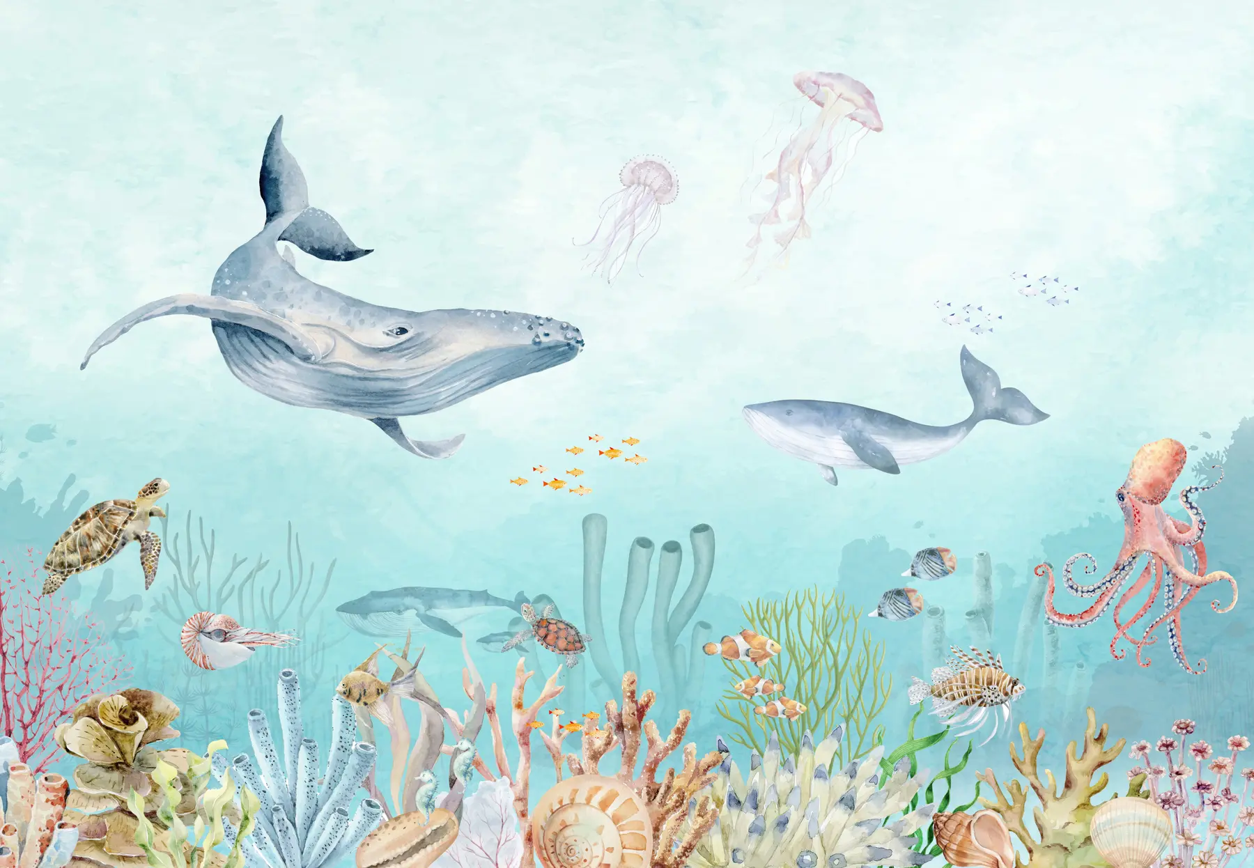murales de pared Universo marino, grandes ballenas, peces y tortugas u95446