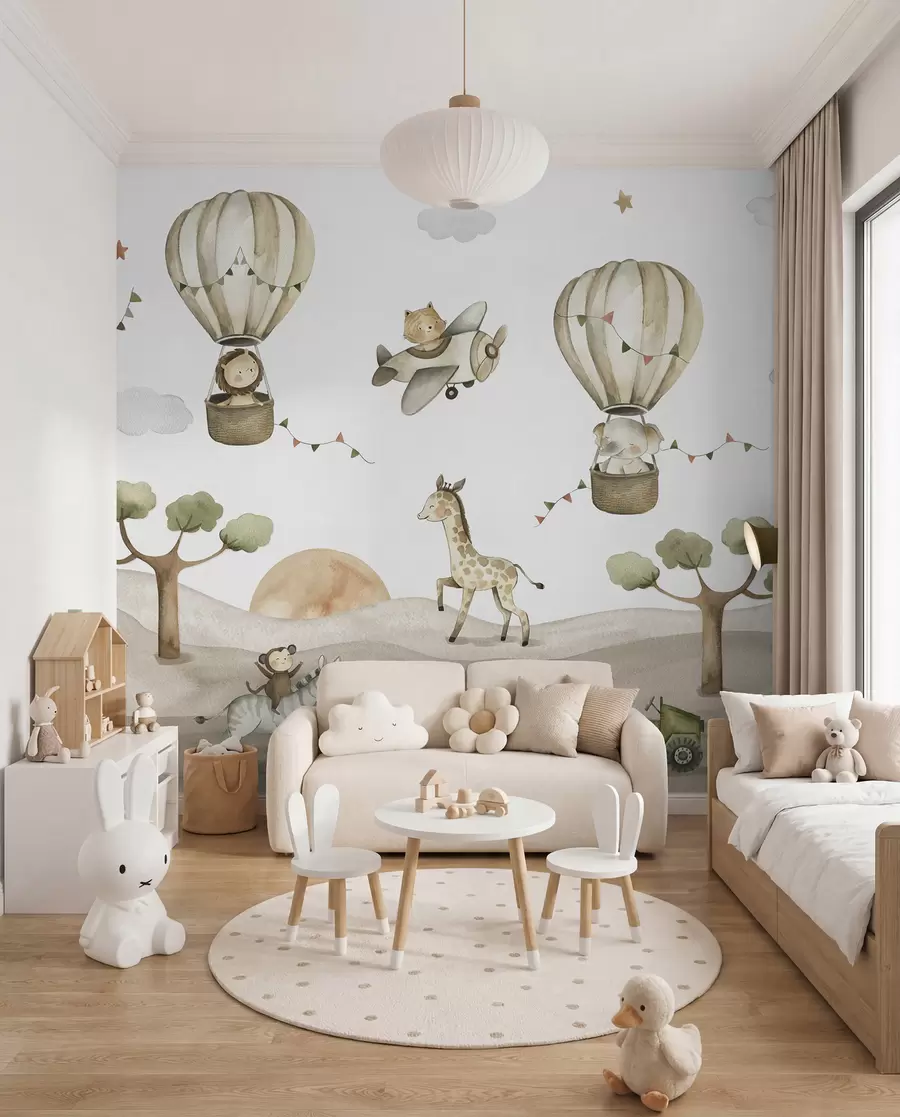 murales de pared Dibujo de acuarela con animales, globos, avión y coche u95882
