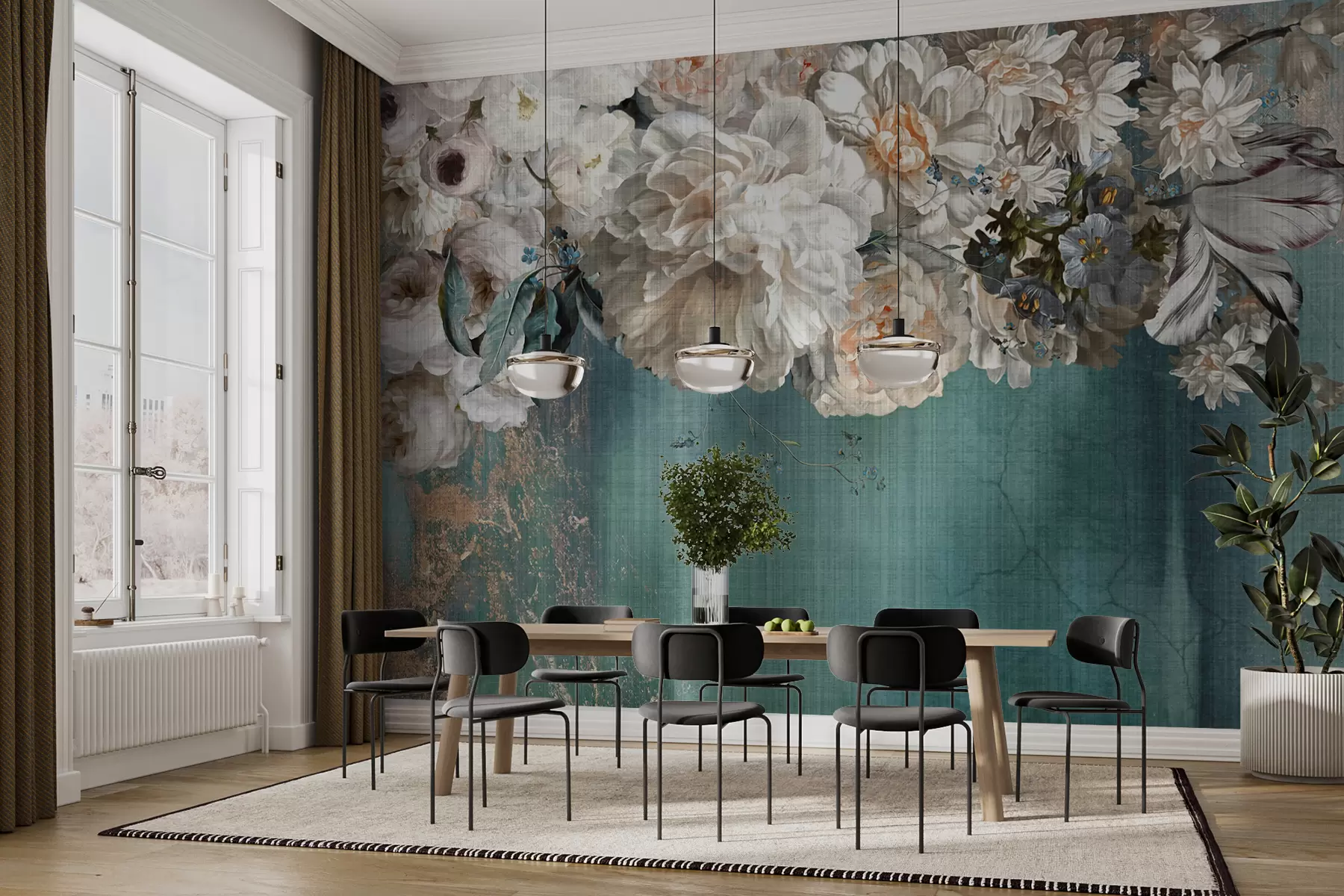 murales de pared Gran exuberante ramo de flores con textura grunge u95430