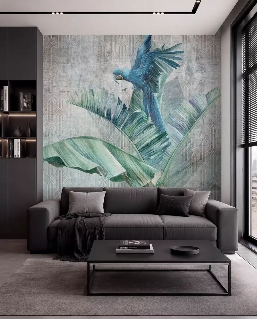 murales de pared Gran loro azul en árbol de plátano con textura de hormigón grunge u95432