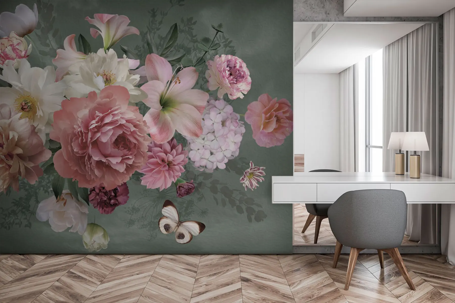 murales de pared Un floreciente jardín de flores con una mariposa u95818