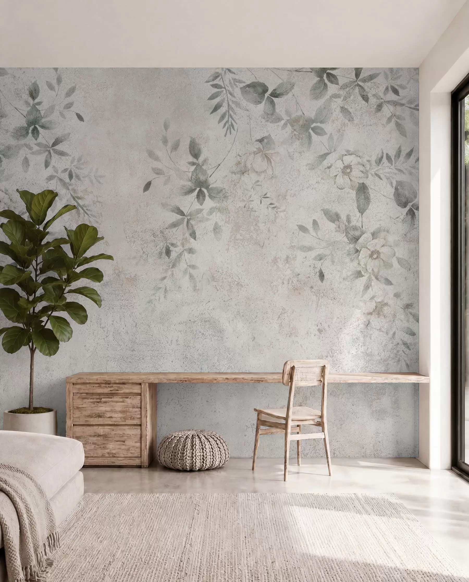 murales de pared Flores con ramas sobre minimalismo de fondo de hormigón grunge u96140